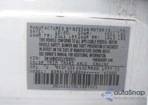 2020 Nissan Sentra Sv Xtronic Cvt z USA, uszkodzony, nr VIN 3N1AB8CV2LY309521